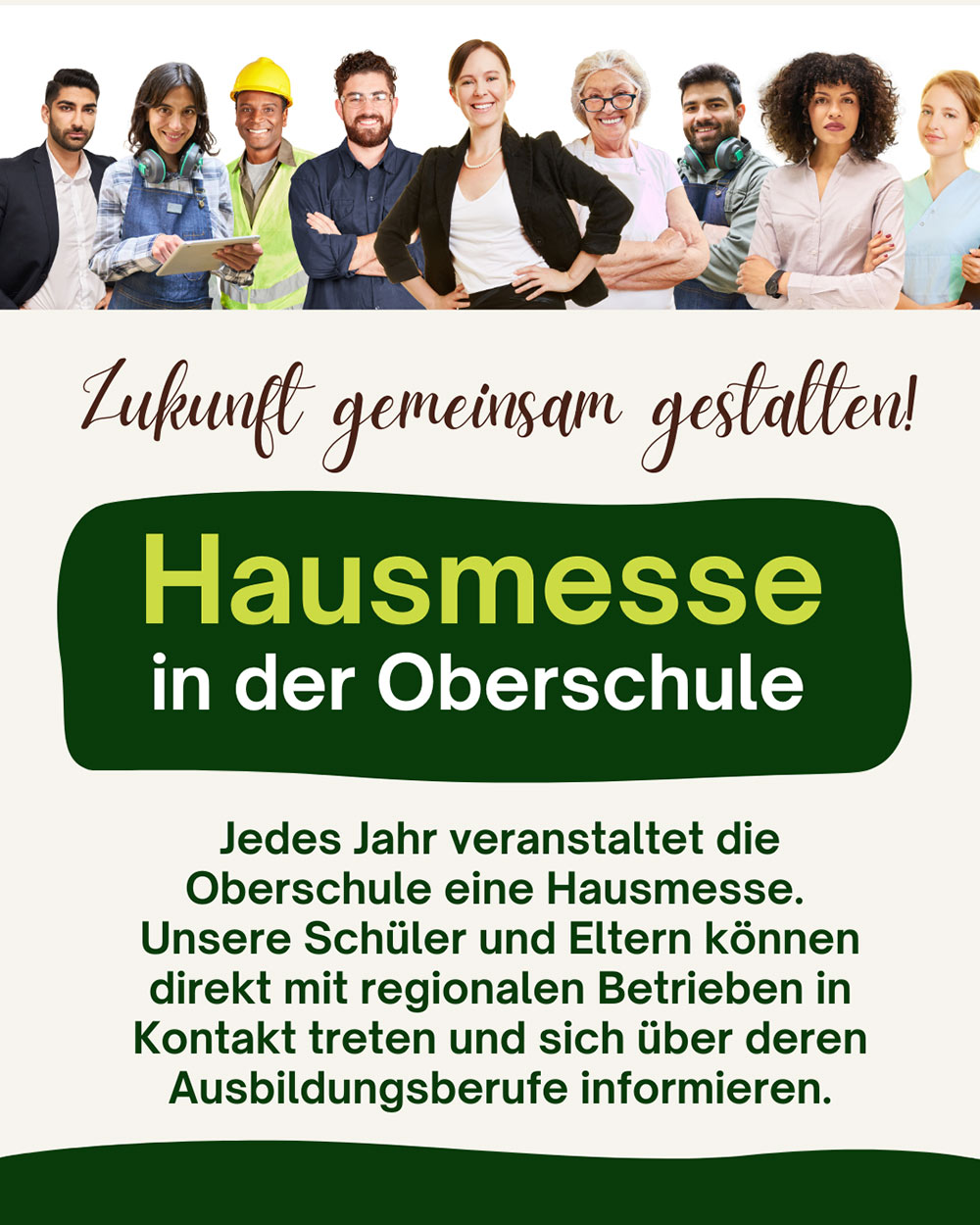 Personen lachen in die Kamera und Text